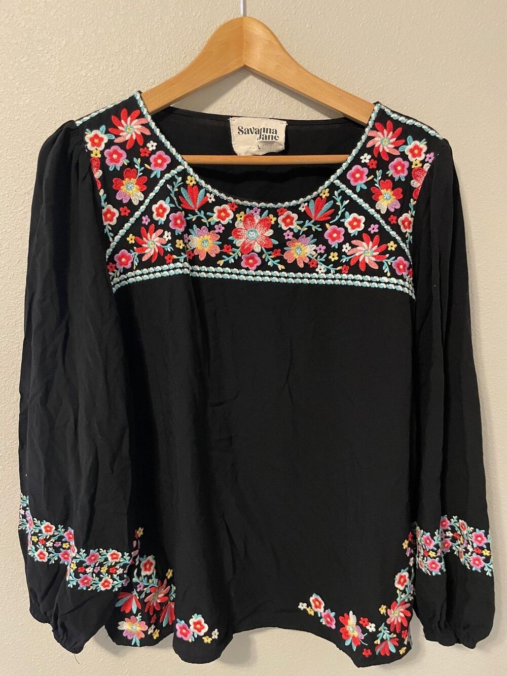 Savanna Jane Tunic Top Womens Large Black Floral Embroidered Boho Peasant Artsy